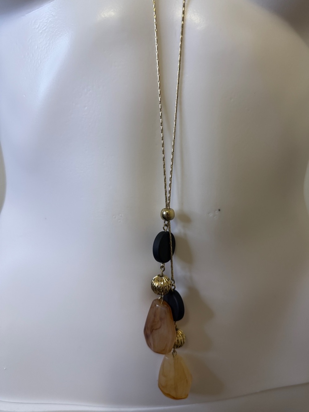Gold Long Pendant Necklace with Black and Amber Stone Drops